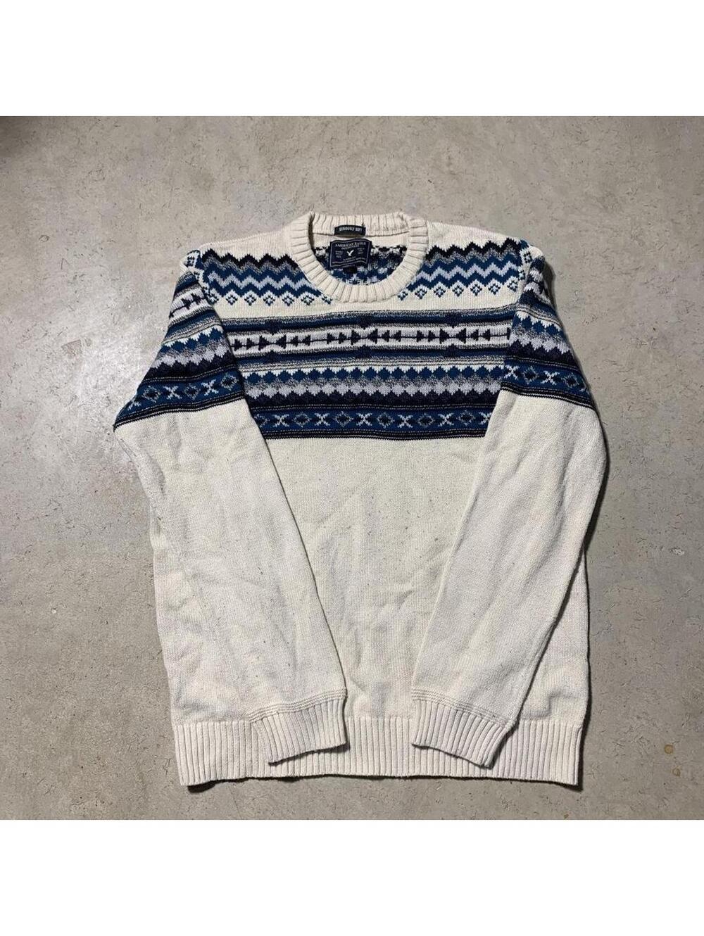 American Eagle Fair Isle Geometric Knit Sweater Cream Blue Mens L